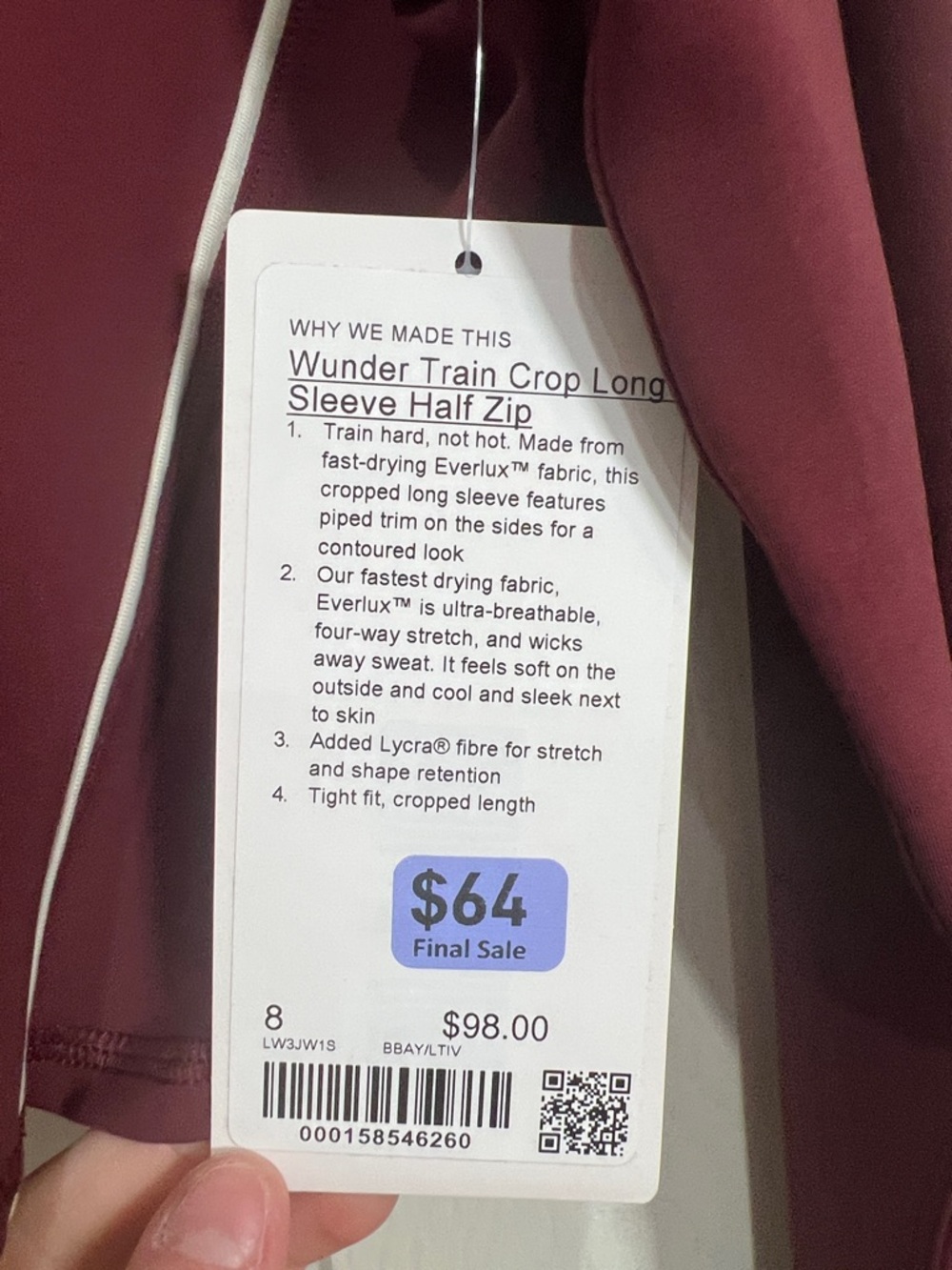 25. Lululemon NWT size 8 wunder train crop long sleeve half zip - Picture 5 of 6